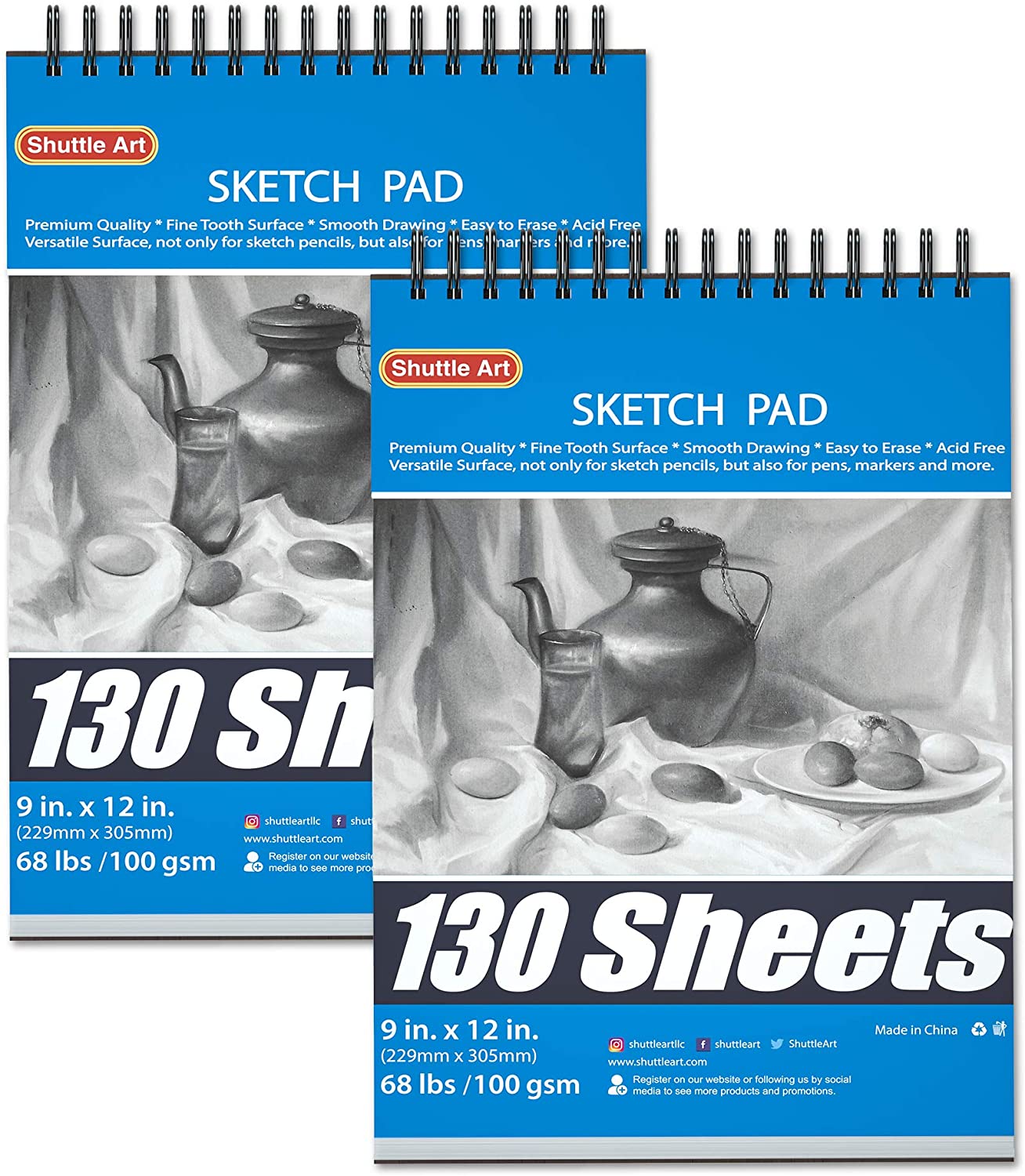 Shuttle Art 9”x12” Sketch Pad, 260 Sheets (68lb/100gsm) Drawing Pad, Pack  of 2, 130 Sheets Each, Spiral Bound Sketch Book, Durable Acid-Free Drawing
